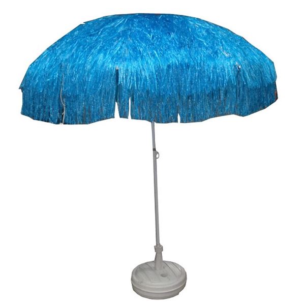 Blauwe raffia parasol met voet