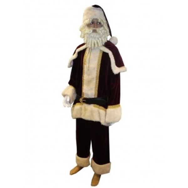Huur kerstman kostuum luxe van donkerrood fluweel afgezet met wit bont.