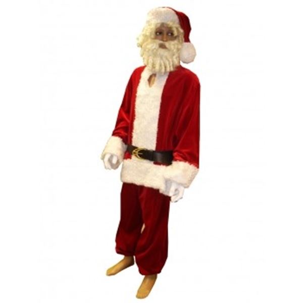 Huur kerstman kostuum rood fluweel afgezet met wit bont.